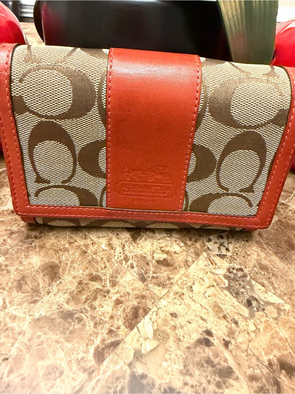 Coach Signature Canvas Bifold Wallet in Brown and Orange/Red - Picture 3 of 17